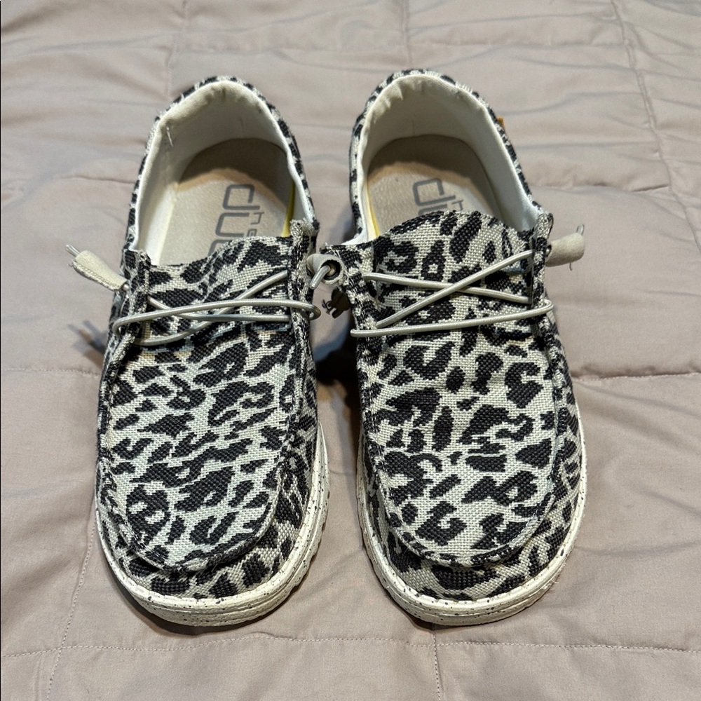 Hey Dude Moccasins in Black and Cream Leopard Print
